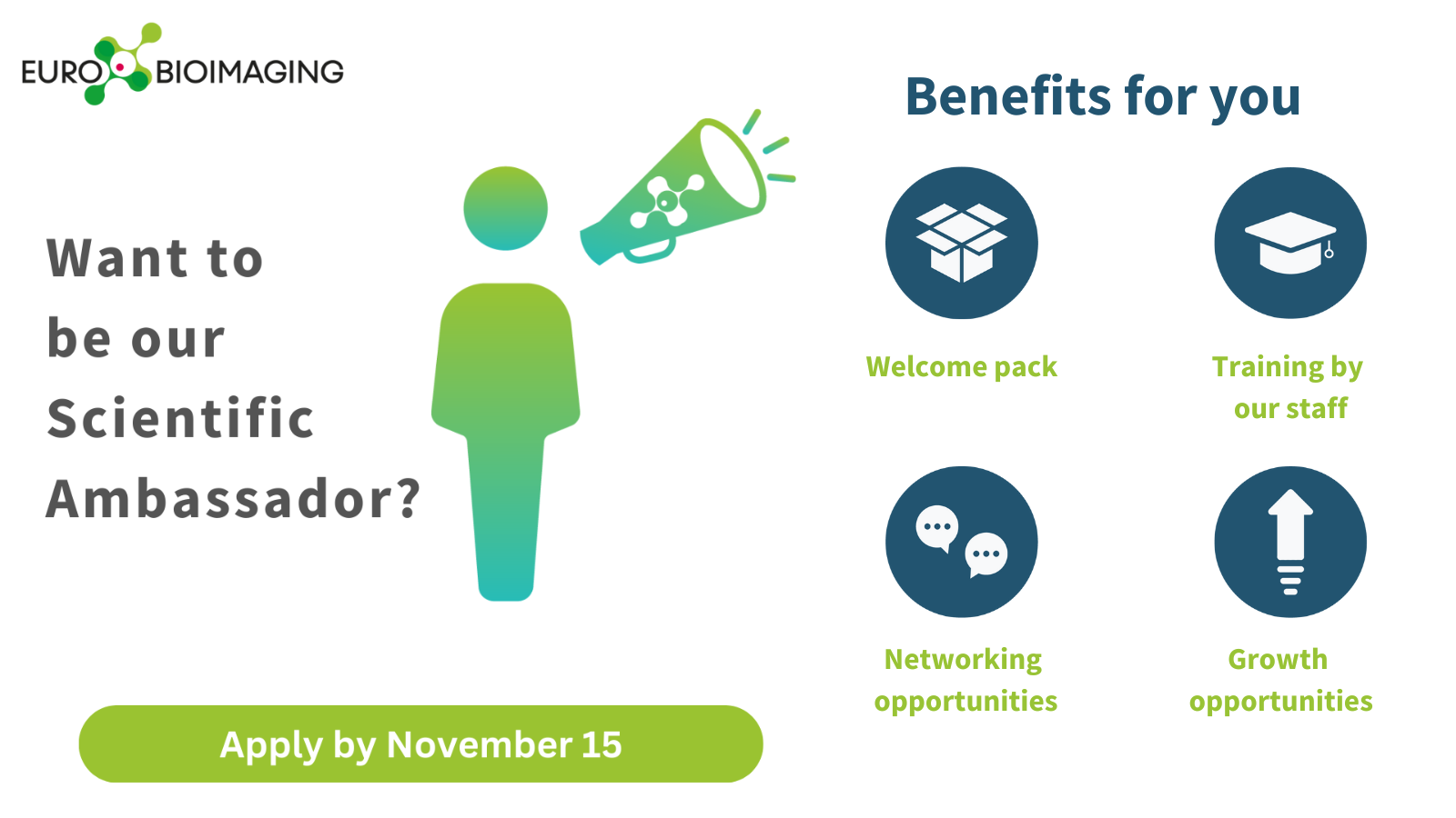 Poster explaining the benefits of becoming a Euro-BioImaging Scientific Ambassador.