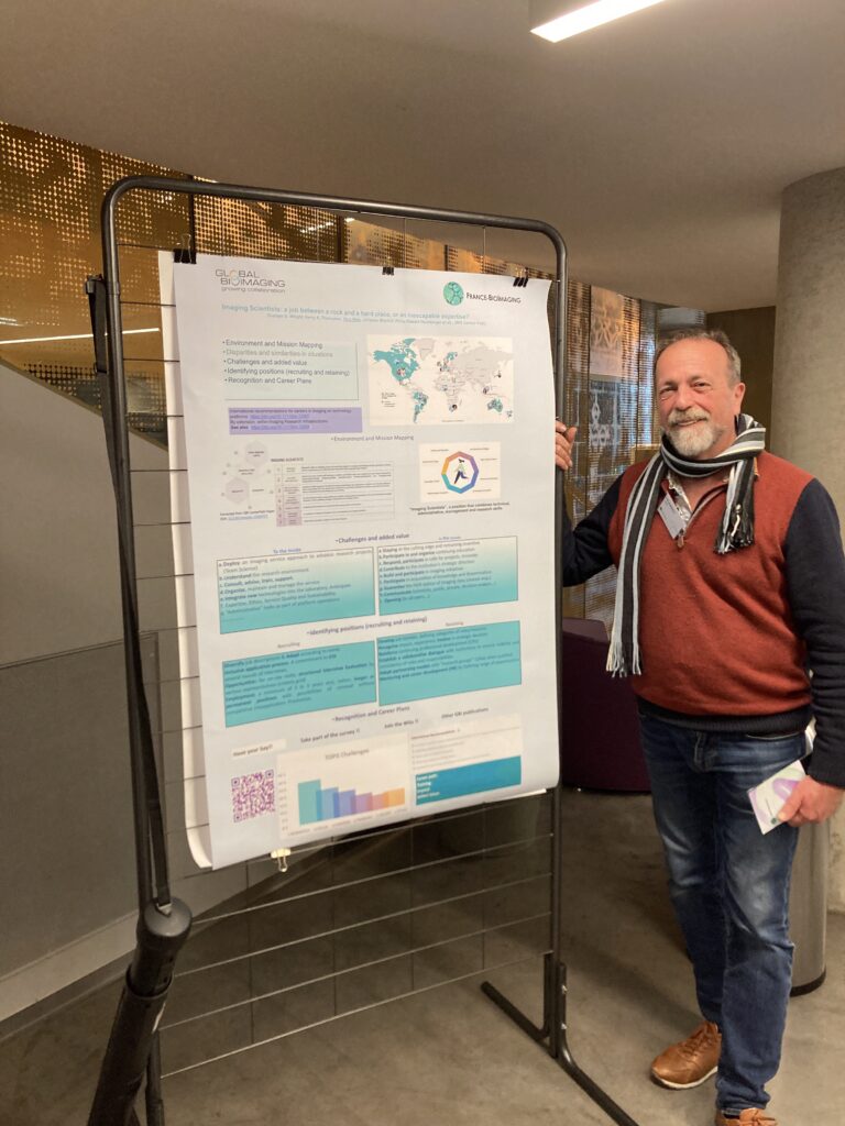 Jean Salamero at the France-BioImaging Annual Meeting, with a poster about international engagement at France-BioImaging.