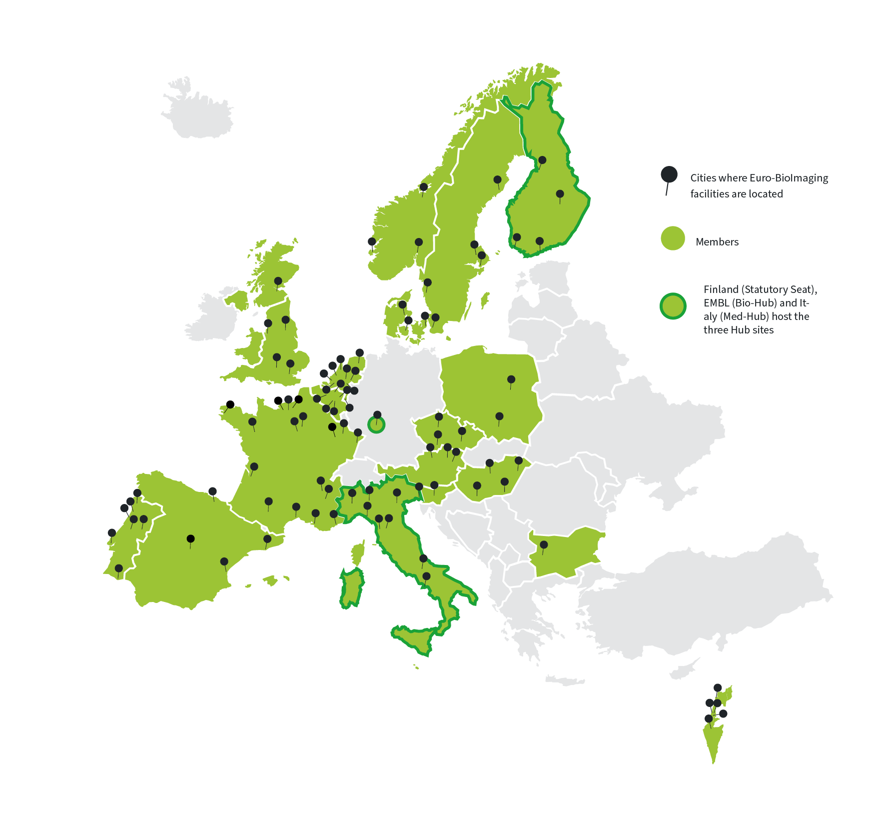 Euro-BioImaging members are shown in green. The three Hub hosts (Finland, EMBL and Italy) are outlined in dark green.