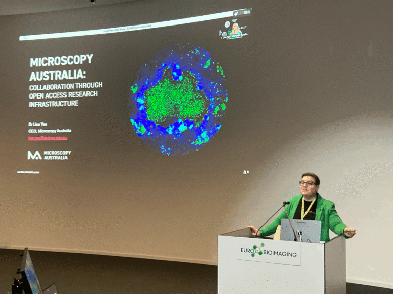 Johanna Bischof introduces Lisa Yen, Director of Microscopy Australia, who attended the meeting remotely and presented an overview of activities at the Microscopy Australia infrastructure. 