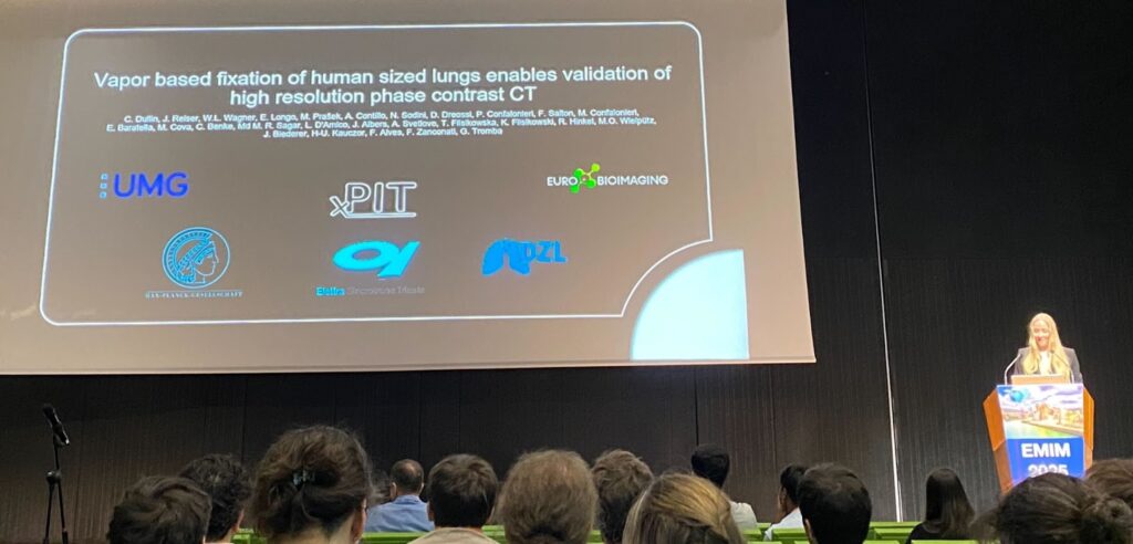 Claudia Benke, on behalf of Euro-BioImaging Scientific Ambassador Christian Dullin, presenting their scientific results after their access to Phase Contrast Imaging Node in Trieste at EMIM 2025.