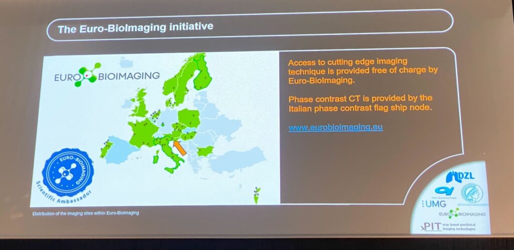Claudia Benke, on behalf of Euro-BioImaging Scientific Ambassador Christian Dullin, presenting their scientific results after their access to Phase Contrast Imaging Node in Trieste at EMIM 2025.
